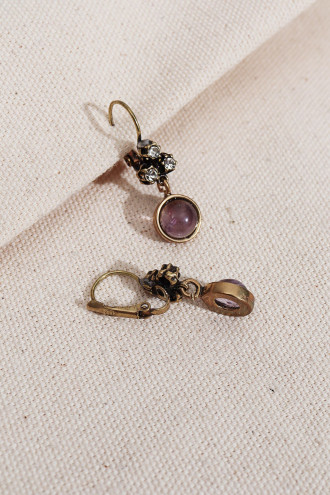 Yuvarlak Saydam Lila Taşlı Sallantılı Otantik Küpe