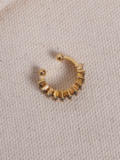 İki Sıralı Siyah Taşlı Tek Sıkıştırmalı Gold Kıkırdak Küpe