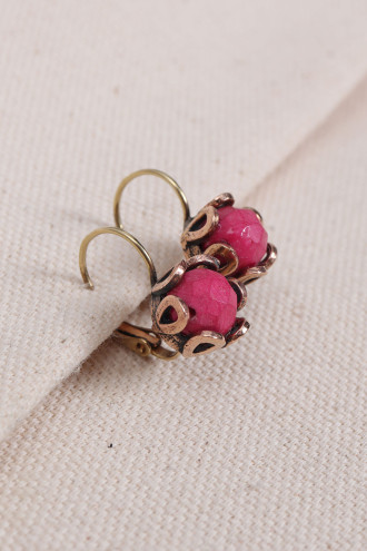 Pembe Yuvarlak Taşlı Otantik Küpe