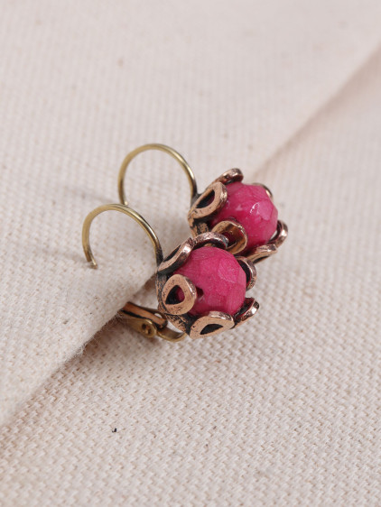 Pembe Yuvarlak Taşlı Otantik Küpe