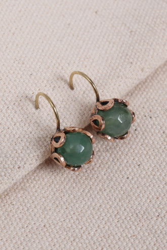 Yeşil Yuvarlak Taşlı Otantik Küpe