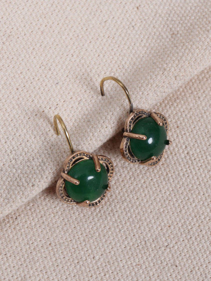 Yeşil Akik Taşlı Çiçek Model Otantik Küpe