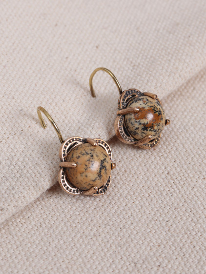 Kahverengi Jasper Taşlı Çiçek Model Otantik Küpe