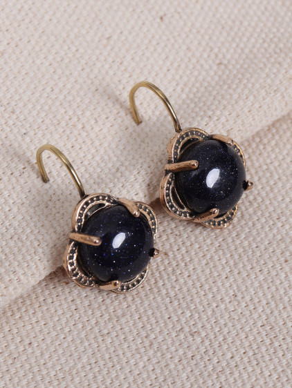 Lacivert Yıldız Taşlı Çiçek Model Otantik Küpe