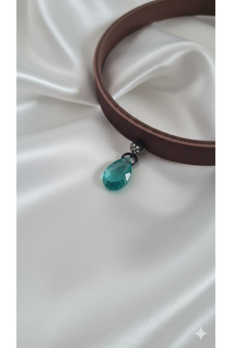 925 Ayar Yeşil Damla Taş Sallantılı, Deri Choker Kolye