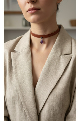 925 Ayar Mor Damla Taş Sallantılı, Deri Choker Kolye 925 Ayar Mor Damla Taş Sallantılı, Deri Choker Kolye