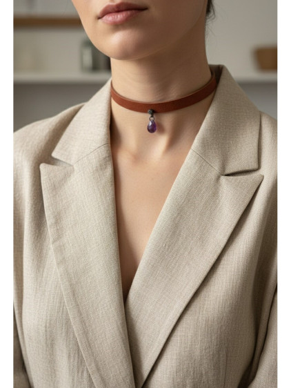 925 Ayar Mor Damla Taş Sallantılı, Deri Choker Kolye 925 Ayar Mor Damla Taş Sallantılı, Deri Choker Kolye