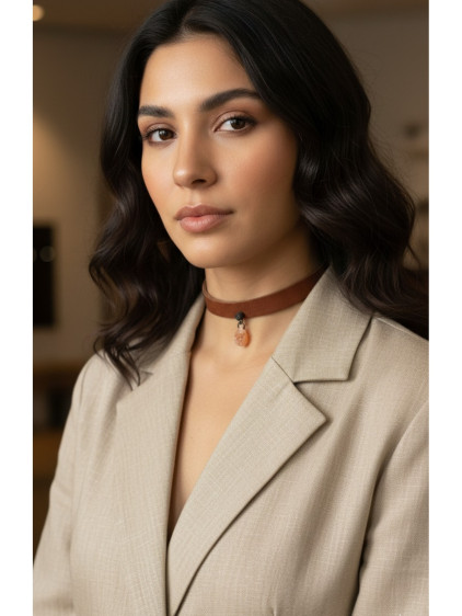 925 Ayar Bal Rengi Damla Taş Sallantılı, Deri Choker Kolye 925 Ayar Bal Rengi Damla Taş Sallantılı, Deri Choker Kolye