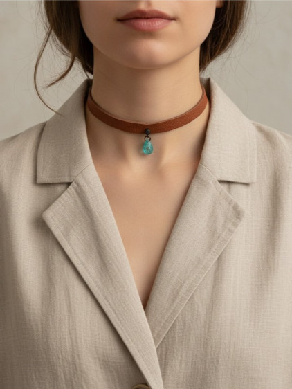 925 Ayar Mavi Damla Taş Sallantılı, Deri Choker Kolye 925 Ayar Mavi Damla Taş Sallantılı, Deri Choker Kolye