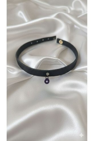 925 Ayar Mor Damla Taş Sallantılı, Deri Choker Kolye 925 Ayar Mor Damla Taş Sallantılı, Deri Choker Kolye