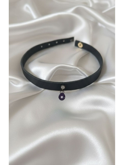 925 Ayar Mor Damla Taş Sallantılı, Deri Choker Kolye 925 Ayar Mor Damla Taş Sallantılı, Deri Choker Kolye