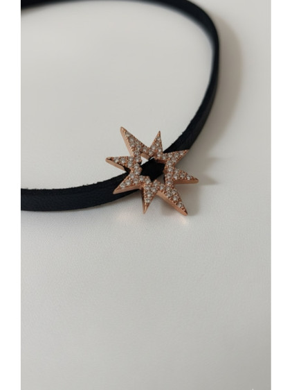 925 Ayar Güneş Figürlü Rose Renk Deri Choker Kolye