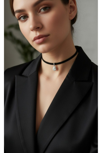 925 Ayar Damla Taş Sallantılı Deri Choker Kolye