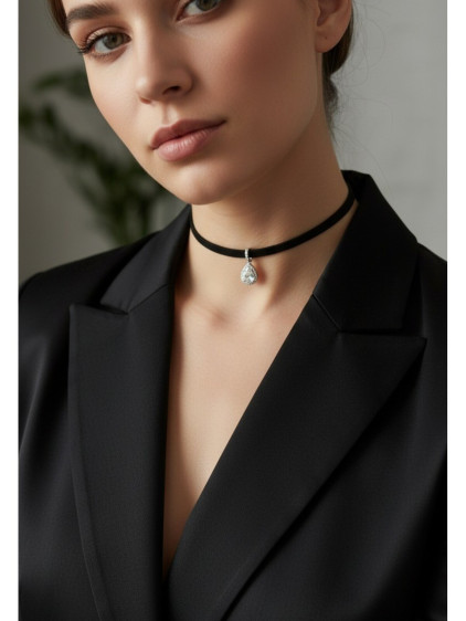 925 Ayar Damla Taş Sallantılı Deri Choker Kolye