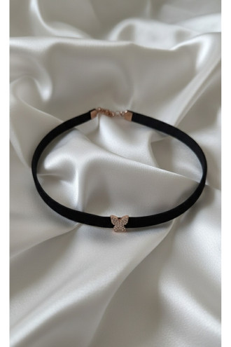 925 Ayar Mini Kelebek Figürlü Deri Kordonlu Choker Kolye