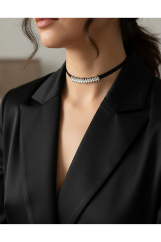 925 Ayar Sıralı Mekik Figürlü Deri Choker Kolye