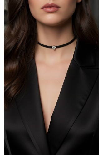 925 Ayar Damla Figürlü Rose Gold Deri Choker Kolye