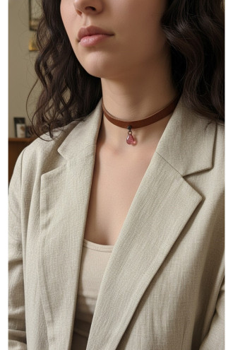 925 Ayar Koyu Kırmızı Damla Taş Sallantılı, Deri Choker Kolye 925 Ayar Koyu Kırmızı Damla Taş Sallantılı, Deri Choker Kolye