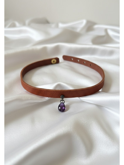 925 Ayar Mor Damla Taş Sallantılı, Deri Choker Kolye 925 Ayar Mor Damla Taş Sallantılı, Deri Choker Kolye
