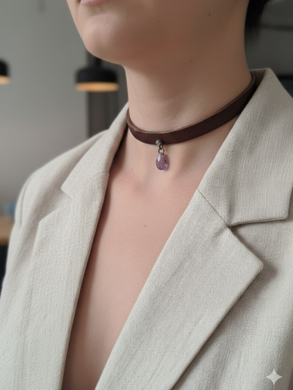 925 Ayar Mor Damla Taş Sallantılı, Deri Choker Kolye 925 Ayar Mor Damla Taş Sallantılı, Deri Choker Kolye
