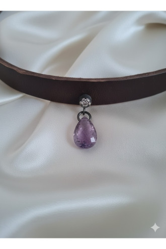 925 Ayar Mor Damla Taş Sallantılı, Deri Choker Kolye