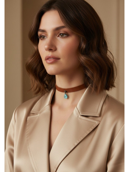 925 Ayar Mavi Damla Taş Sallantılı, Deri Choker Kolye 925 Ayar Mavi Damla Taş Sallantılı, Deri Choker Kolye