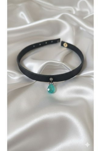 925 Ayar Yeşil Damla Taş Sallantılı, Deri Choker Kolye
