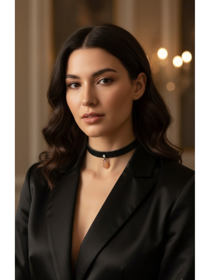 925 Ayar Bal Rengi Damla Taş Sallantılı, Deri Choker Kolye 925 Ayar Bal Rengi Damla Taş Sallantılı, Deri Choker Kolye