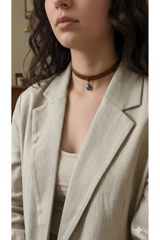 925 Ayar Füme Damla Taş Sallantılı, Deri Choker Kolye