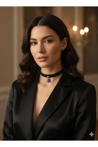 925 Ayar Mor Damla Taş Sallantılı, Deri Choker Kolye