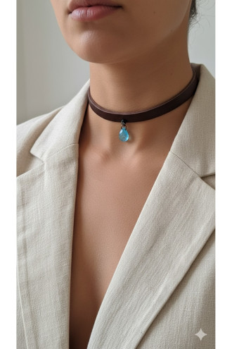 925 Ayar Mavi Damla Taş Sallantılı, Deri Choker Kolye