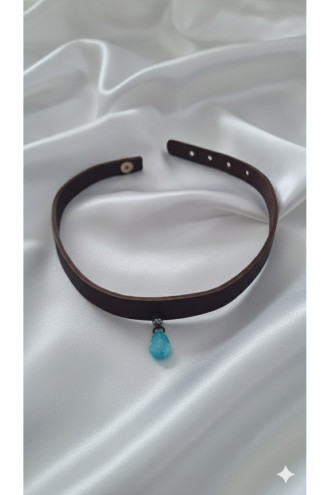 925 Ayar Mavi Damla Taş Sallantılı, Deri Choker Kolye 925 Ayar Mavi Damla Taş Sallantılı, Deri Choker Kolye
