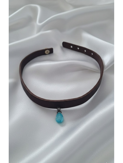 925 Ayar Mavi Damla Taş Sallantılı, Deri Choker Kolye 925 Ayar Mavi Damla Taş Sallantılı, Deri Choker Kolye