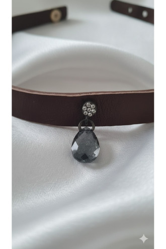925 Ayar Füme Damla Taş Sallantılı, Deri Choker Kolye