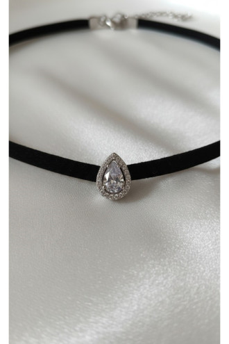 925 Ayar Silver Damla Taş Figürlü Deri Choker Kolye