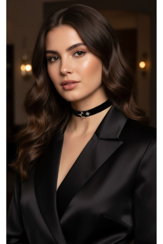 925 Ayar Çift Yıldız Figürlü Rose Renk Kadife Choker Kolye