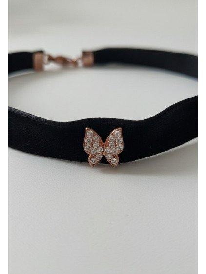 925 Ayar Kelebek Figürlü Rose Renk Kadife Choker Kolye 925 Ayar Kelebek Figürlü Rose Renk Kadife Choker Kolye