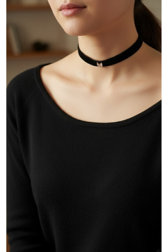 925 Ayar Kelebek Figürlü Rose Renk Kadife Choker Kolye