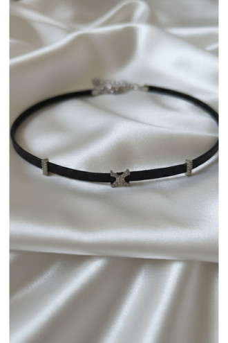 925 Ayar Mini Üç Figürlü Silver Renk Deri Choker Kolye