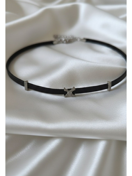 925 Ayar Mini Üç Figürlü Silver Renk Deri Choker Kolye