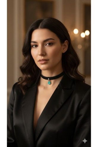 925 Ayar Yeşil Damla Taş Sallantılı, Deri Choker Kolye 925 Ayar Yeşil Damla Taş Sallantılı, Deri Choker Kolye