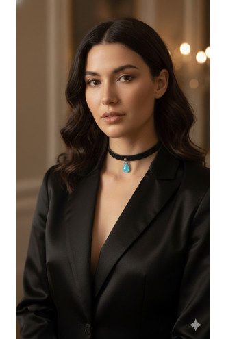 925 Ayar Mavi Damla Taş Sallantılı, Deri Choker Kolye 925 Ayar Mavi Damla Taş Sallantılı, Deri Choker Kolye