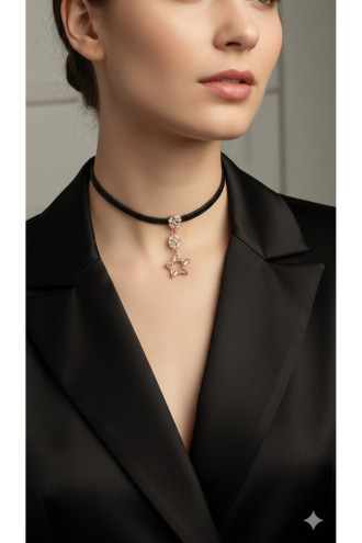 925 Ayar Yıldız Figürlü Rose Gold Deri Choker Kolye