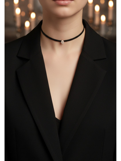 925 Ayar Baget Taşlı Rose Renk Deri Choker Kolye 925 Ayar Baget Taşlı Rose Renk Deri Choker Kolye