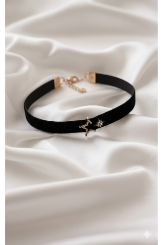 925 Ayar Çift Yıldız Figürlü Rose Renk Kadife Choker Kolye 925 Ayar Çift Yıldız Figürlü Rose Renk Kadife Choker Kolye