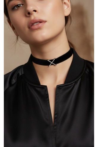 925 Ayar Gümüş X Figürlü Modern Deri Choker Kolye 925 Ayar Gümüş X Figürlü Modern Deri Choker Kolye