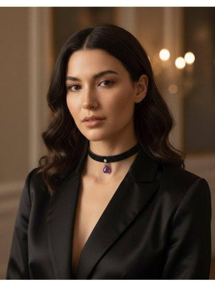 925 Ayar Mor Damla Taş Sallantılı, Deri Choker Kolye