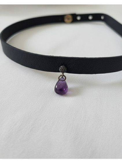 925 Ayar Mor Damla Taş Sallantılı, Deri Choker Kolye