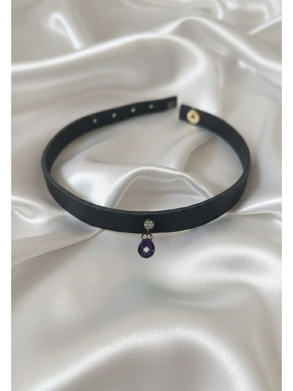 925 Ayar Mor Damla Taş Sallantılı, Deri Choker Kolye