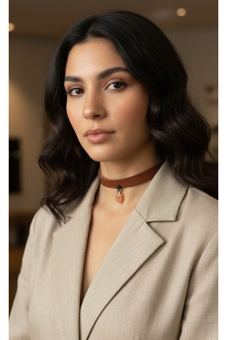 925 Ayar Bal Rengi Damla Taş Sallantılı, Deri Choker Kolye 925 Ayar Bal Rengi Damla Taş Sallantılı, Deri Choker Kolye